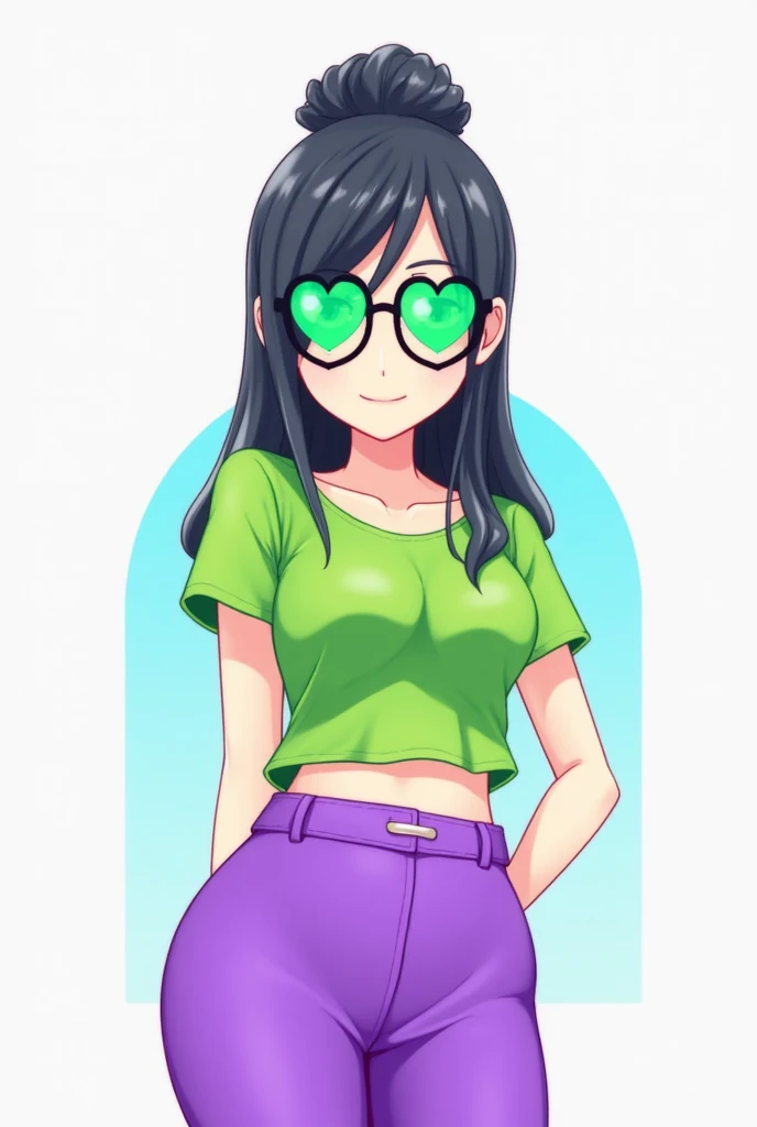  Logo type, With the name FF @Yunah ,  Female Character , Hair with bun,  black hair, heart glasses green lenses, green blouse, short blouse,  purple pants.