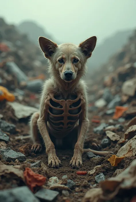 Extremely malnourished sad dog with visibly apparent rib bones, Lying in the middle of the dump , rats and cockroaches in the garbage . 