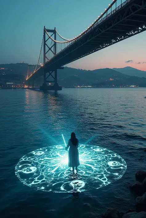 Summer sea view of summer Malik Yıldız writing with laser under Istanbul bridge