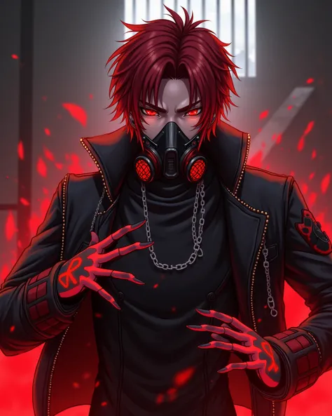 A dark-haired young adult male, likely in his late s or early twenties, with striking crimson-red hair, exudes an intense and defiant expression. His powerful gaze pierces through the scene, complemented by his dark skin tone. Draped in a high-tech, futuri...