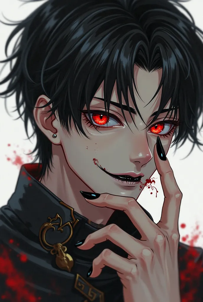 A handsome anime guy with a long black tongue sticking out, a small blood stain on the corner of his mouth, his red eyes almost completely black, wearing Thai clothes, long black nails.