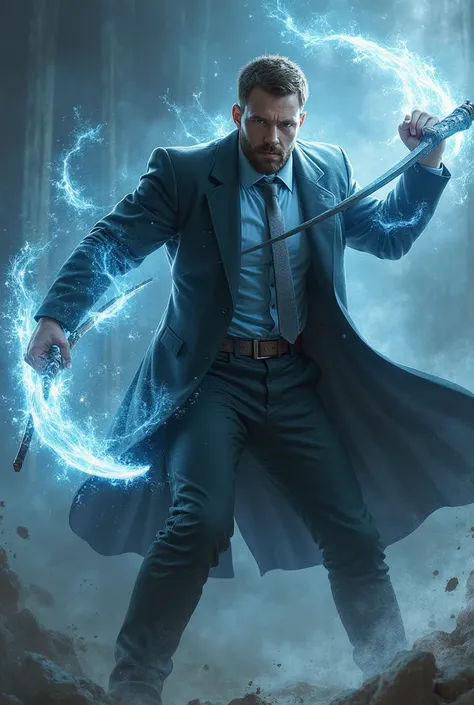 I bet, tall and strong white man with short brown hair and short beard, wearing a black suit with a light blue shirt and a silver tie, bewitching a halberd with white light magic in combat posture