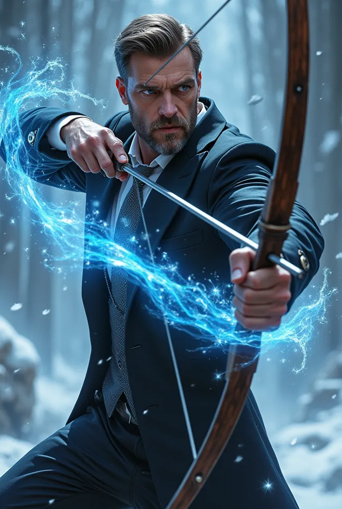 I bet, tall and strong white man with short brown hair and short beard, wearing a black suit with a light blue shirt and silver tie, bewitching a bow with ice magic in combat posture