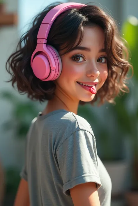 woman 20 years old, short curly brown hair up to shoulders , Side hairstyles,  wide smile,  slightly upturned small nose ,  brown eyes.
short stature,  sculptural body, wearing wide gray t-shirt that shows shoulders, pink gamer headphones, viewed from the ...