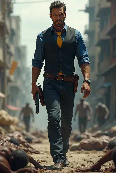 Handsome man dressed in a navy blue shirt with a black vest and a yellow tie wearing a magnum revolver and well armed walking with dead zombies on the ground on a destroyed street