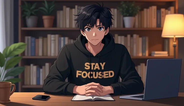 An anime-style 25-year-old boy sitting at a desk, wearing a black hoodie (no cap). The hoodie has the motivational phrase 'STAY FOCUSED' written in bold, stylish font. He has black hair and a clean-shaven face, expressing confidence and motivation. His han...