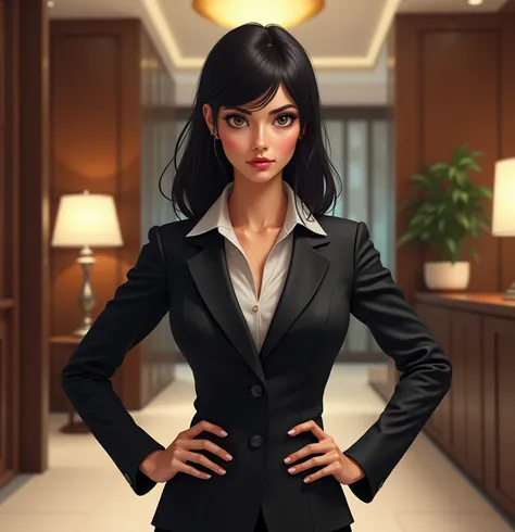 Female hotel manager. She is 40 years old. She has black hair. She is pretty. She has her hands on her hips. She has a disapproving facial expression.