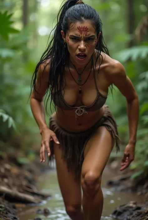 A beautiful Latina woman, face paint, wet skin, strong, looking angry, wearing a brown loincloth, primitive bikini, in a jungle, sneaking forward, arms spread out, knees slightly bent, right leg coming forward, view from far away