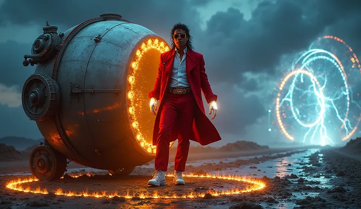 "Michael Jackson, in his iconic pose, stepping out of a futuristic time machine, wearing Thriller's red coat, glowing white gloves, and futuristic sunglasses. The time machine is made of shiny metal, with spinning gears and sparks of blue and gold energy c...