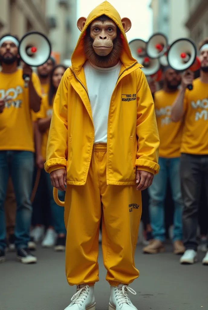 Person with yellow twesters, dressed in a monkey suit folded on one side with a white t-shirt , white boots and socks, with lots of people behind him holding Mega-Phone, Written "Moya Moya" t-shirt