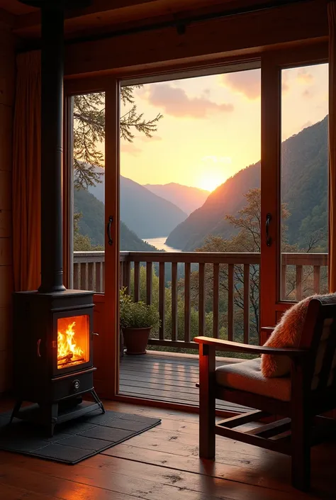 A cozy, rustic balcony overlooking a serene river valley at sunset, with a warm fire burning in a heater, a comfortable wooden chair with a plated cushion, and a peaceful, scenic view of the sun setting behind the mountains.