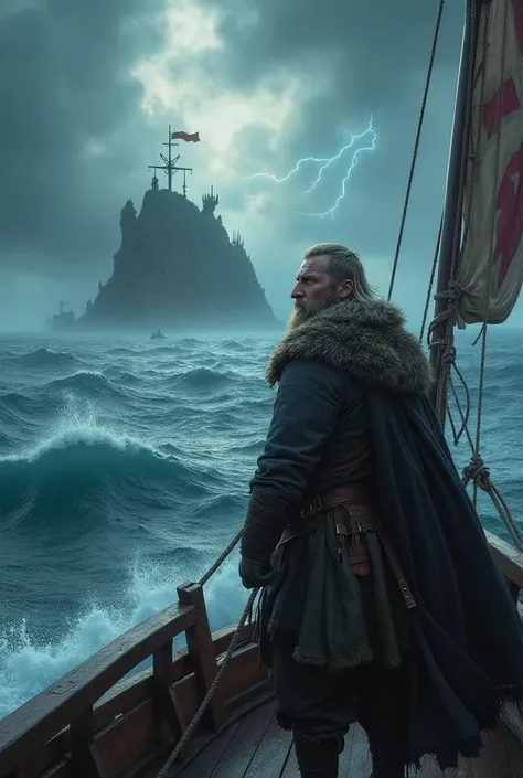 A Viking warrior on the high seas facing a storm spotting in the distance an island filled with mythological beasts