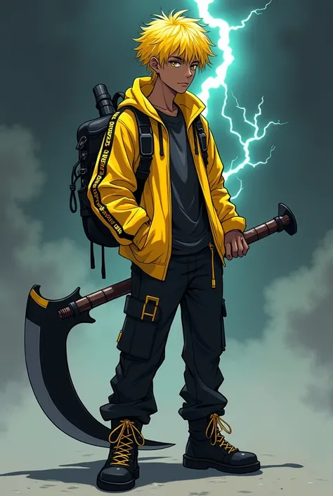 Anime young man with dark skin and blond hair, dark with yellow eyes and short blond hair. With a scythe in his hands With yellow and black punk clothes a yellow jacket and pants and black shoes and a storm on his back