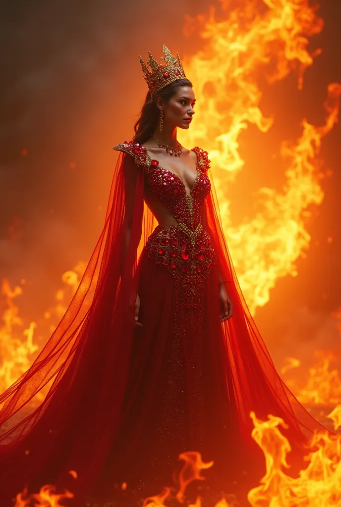 Be the queen of fire. Let the royal flame burn in the back. Let the queen's dress be made of red ruby.