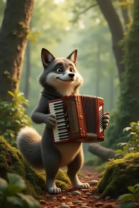 wolf plays accordion in the wood happy