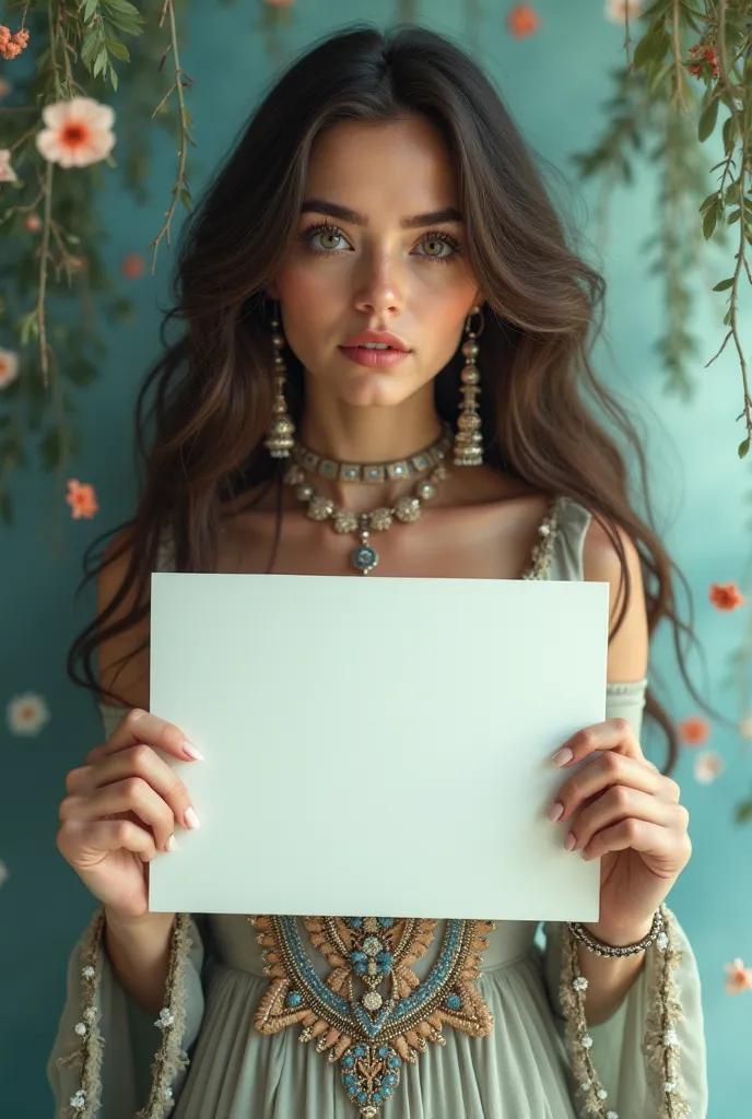  Beautiful girl with wavy long hair in a bohemian dress, Holding a white board marked "I Love Seaart Infinity" and showing it to the viewer