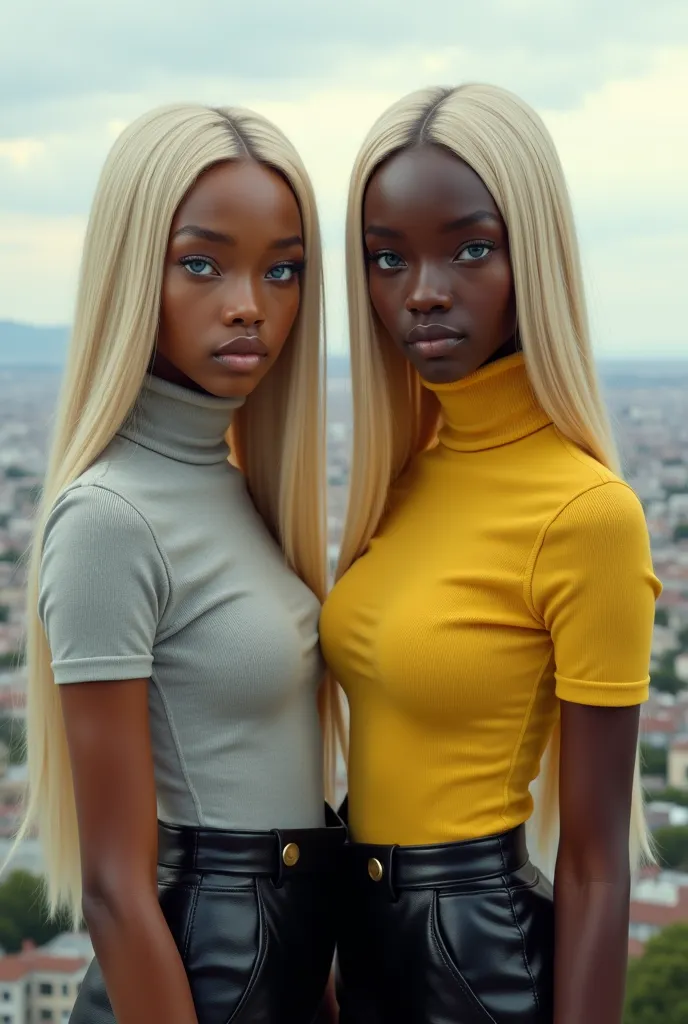 two beautiful girls with realistic looks. They both have black skin and have straight blonde hair and blue eyes. who have extremely long necks. Both of them are wearing short-sleeved Lycra turtlenecks that cover their entire necks, one light grey and the o...