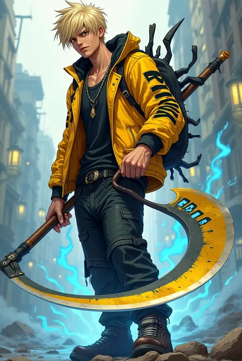 Anime young man with muscles, dark skin and blond hair, brunette with white eyes and short blond hair. With a golden scythe and blue rquos inside it in his hands. With punk clothes without yellow and black letters; a yellow jacket and black pants and shoes...