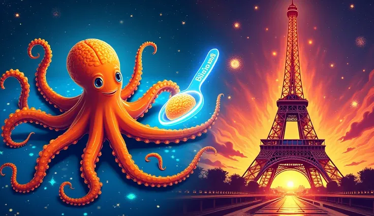 "Create a **bold, eye-catching thumbnail** with:  
1. **Space-themed backdrop** (neon-blue stars/galaxies) with a **glowing teaspoon holding a collapsing neutron star** (6 BILLION TONS text in fiery font).  
2. A **vibrant orange octopus** (cartoonish) on ...