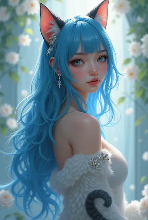 Create me a beautiful blue-haired woman with a tabby body