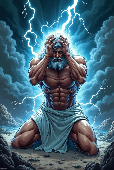 In the form of a comic book of Zeus on his knees holding his head while Lightning comes out of his body