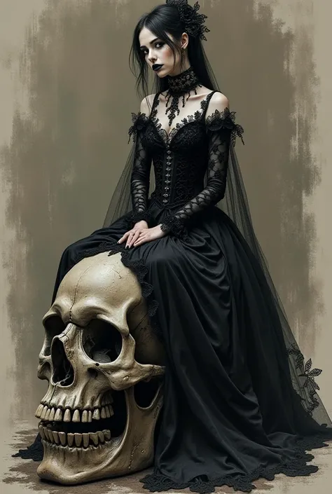   A female character, Gothic clothes, She is sitting on top of a skull, sketch, Gothic design