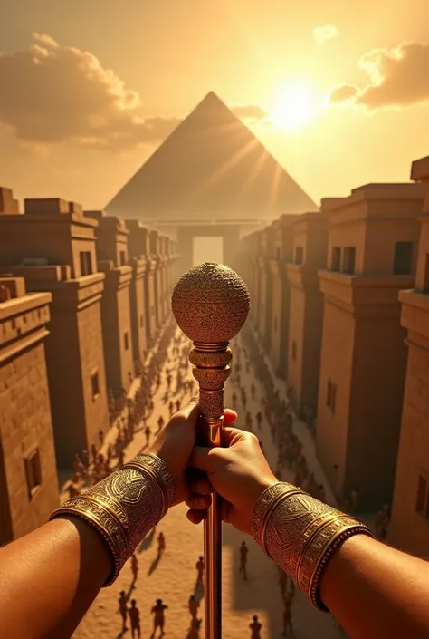 POV shot from a first-person perspective, as if the viewer is a Pharaoh standing atop a golden chariot, watching the construction of the Great Pyramid of Giza. The viewer’s hands rest on an elaborately decorated staff, symbolizing power. Below, hundreds of...