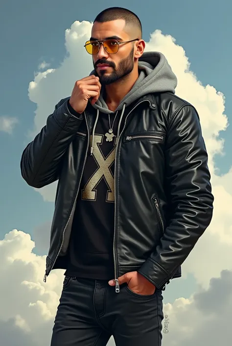 Chico semi moreno,  ultra realistic illustration , He is dressed in a black leather jacket underneath he has a semi-open gray sweatshirt with hat and a black t-shirt that has a design of a letter X in silver and gold, He has black denim pants and white sne...