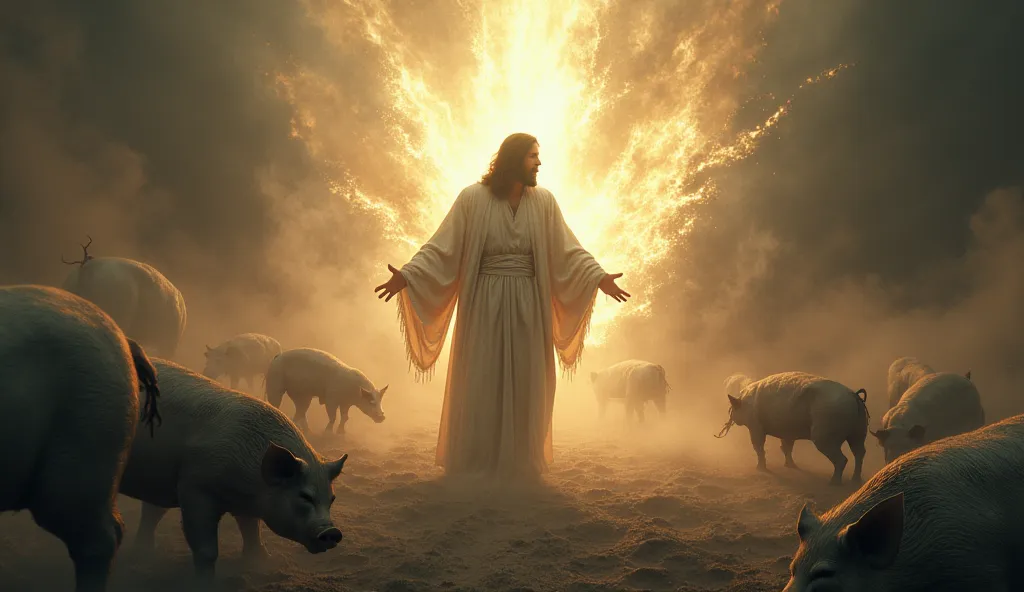 jesus, in a divine light, watching the demons in ethereal form, while a large herd of pigs flees into the abyss in a scene of pure agony and fear.