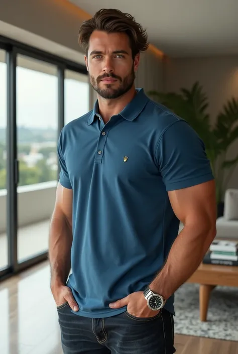 Appearance: White male, green eyes, Brown hair, strong body, stubble Clothing: blue polo shirt, dark jeans, rolex watch  Posture: Standing Setting: Modern living room 