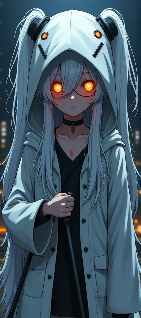  full body , Anime with a sickle and a sword in a dark room,  a character portrait inspired by Li Chevalier , pixiv, fantastic art,  white-haired divinity , portrait of a female mage, she ,   and two eyeglass lenses sewn into the white mask on the hood,  a...