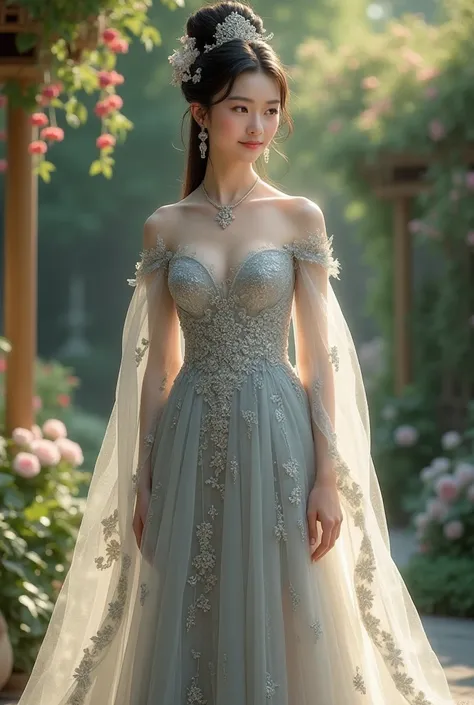 A Chinese princess wearing a beautiful silver dress.