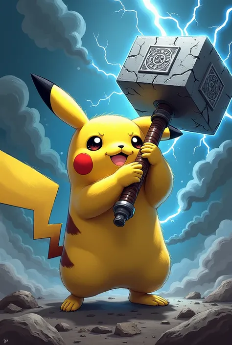 Pikachu wielding Thor's hammer with lightning around