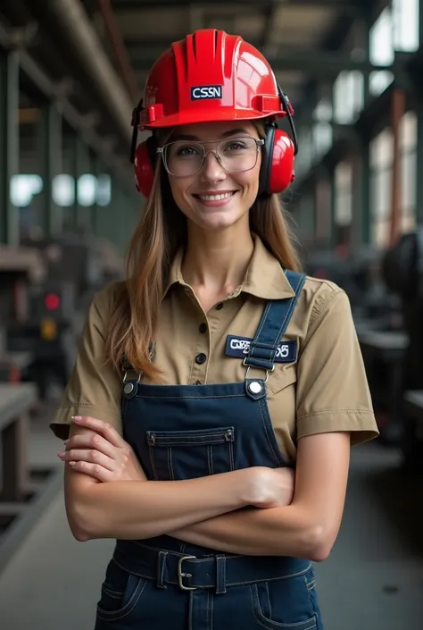 I would like to create the image of a feminine woman wearing a dark denim uniform and a black feel, with silver buckle ,A khaki blouse with sleeves shorts with polo and button collar with a rectangular navy blue logo written in white CSN on the left chest ...