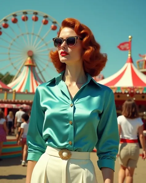 A highly detailed, vibrant, and retro-inspired portrait of a stylish woman playboy model full body huge, enormous, gigantic round breasts, underbust, marked nipples, big and huge ass, narrow waist, at a vintage amusement park during a bright, sunny day. Th...