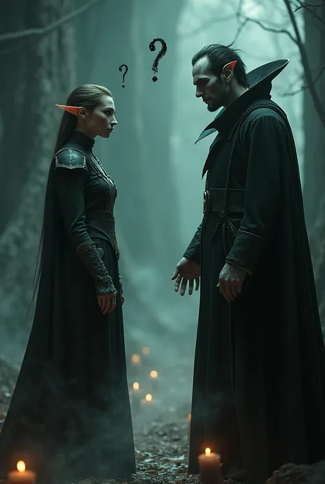 An elf man looks at a male vampire with question marks above their heads and WTF?