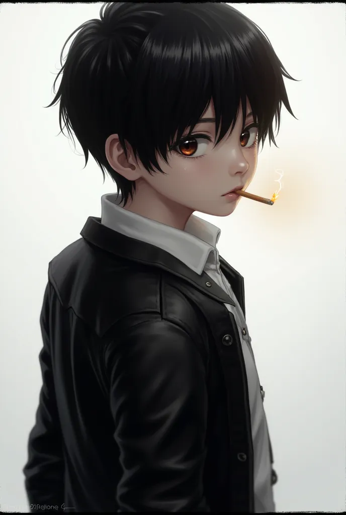 Create an image of 512 x 800 pixels. In the image there must be a black-haired boy, dressed in a leather jacket and white shirt. The boy must be turning his back and looking over his shoulder, in his mouth there must be a burning cigarette 