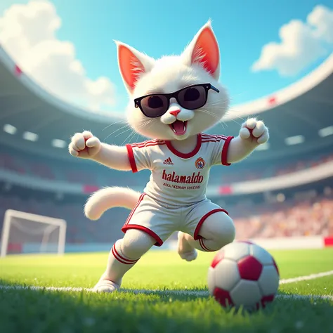 An anthropomorphic white cat wearing model-grade sunglasses wearing a HalaMadrid uniform scores a shot for the goal on the soccer field。
The composition behind the goal through the internet