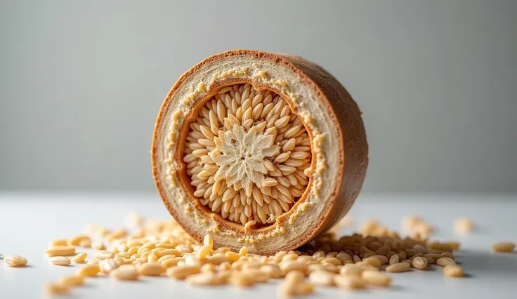 Cross-section macro shot of a single brown rice grain, ultra-detailed to show germ and bran. Place on a neutral gray backdrop with copy space below. Lighting: Studio ring light for scientific clarity