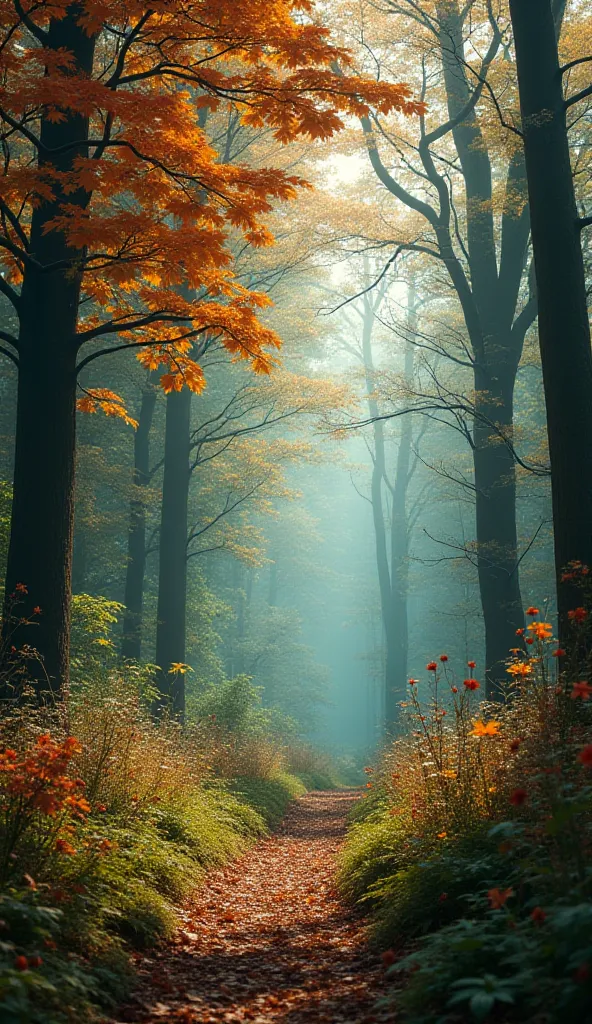  Create an image of an enchanted forest, where the seasons change right before the viewer’s eyes. One side of the forest is covered in autumn leaves, while the other shows spring flowers blooming. The atmosphere should be calm and full of life, with tall t...