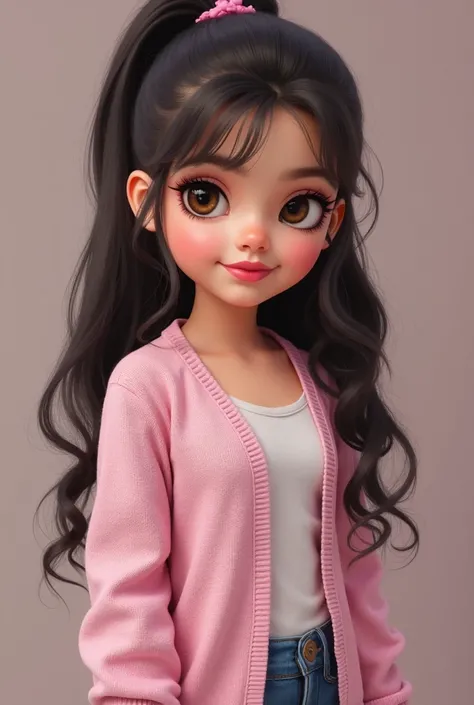 Realistic girl 9 y/o wearing a cardigan+jeans and hollywood  makeup with pink mascara on eyes and have pink nails and pink glossy lipstick on lips  and have some makeup  with bright skin 
 and looking cute with sexy high pony tail style and have H size cup...