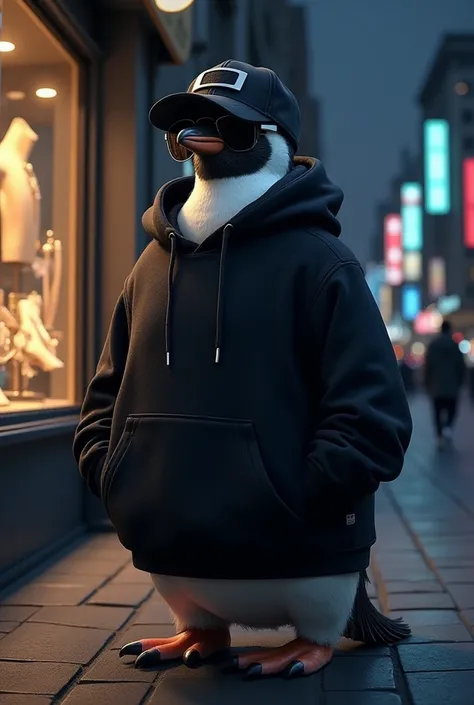 create a penguin with a black sweatshirt and black cap and sunglasses next to a jewelry store add a night background 