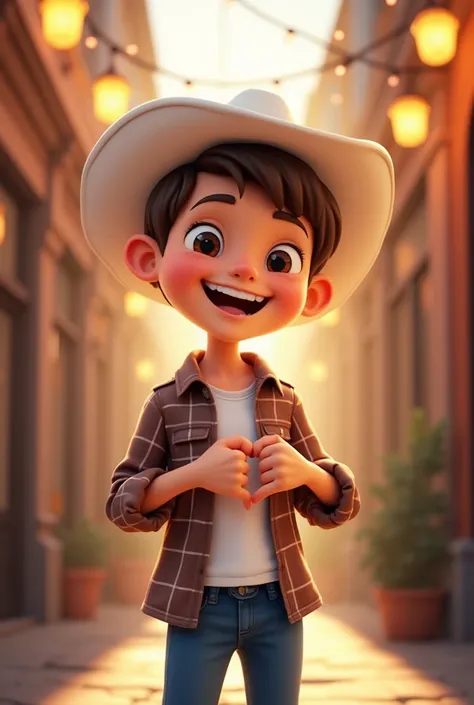 Create an image in cartoon style. a ,  is centered on the image . He has a fair complexion and wears a white cowboy style hat and his haircut is short. He wears a long sleeve plaid shirt in white with blue denim pants.  type image, its expression is cheerf...