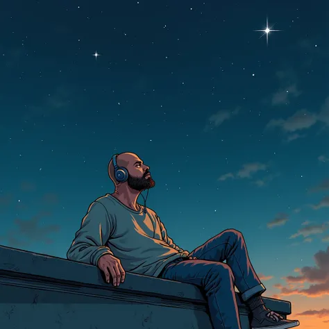 cartoon drawing of a man with shaved hair and a beard lying on the roof listening to music, wearing jeans and a sweatshirt and looking at the starry sky reflecting on life with a tired look