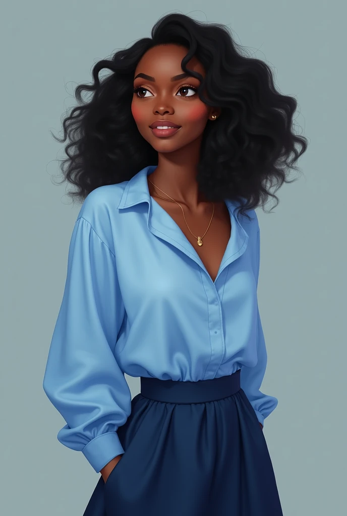 Nancy an African ager with black hair in sky blue long sleeves shirt and navy blue skirt 