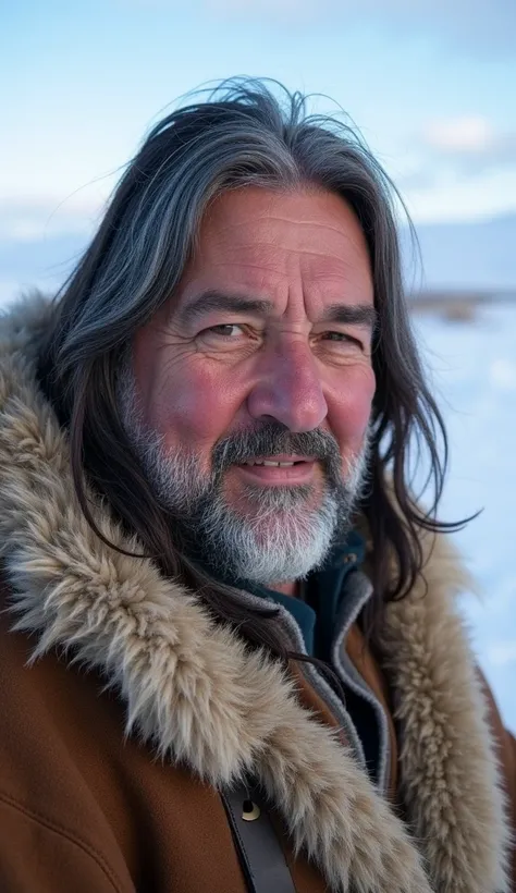 A middle-aged Indigenous Inuit man, with distinct facial features such as high cheekbones, dark brown or black eyes, and a broad face, is standing in the snow. He has a well-groomed, somewhat white beard and mustache. The man is wearing traditional fur clo...