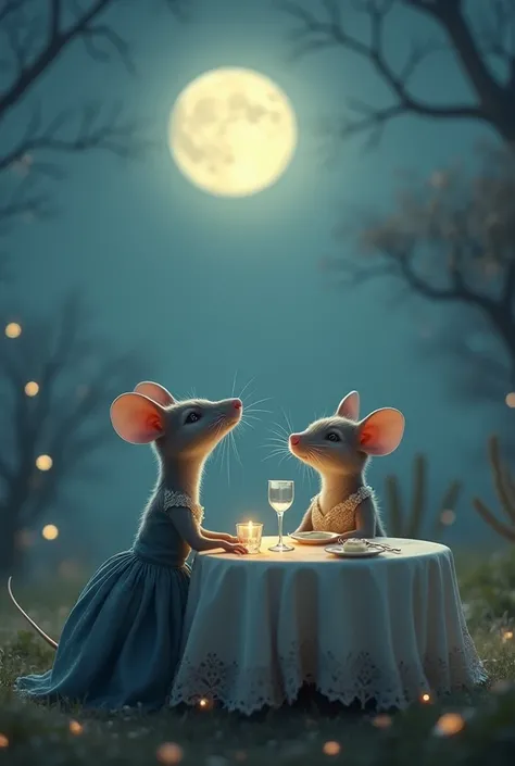 A little rat in a long dress, with your partner, Looking at the Moon at a dinner 