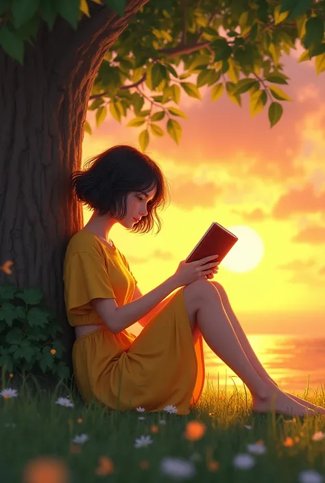 A girl who is reading a book under a tree and that the sunset is more noticeable and she has a short yellow dress and her hair is loose and wavy 