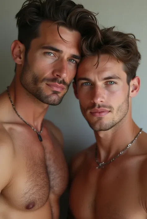 create an image for me of a gay couple with these characteristics: 
1. one of the two super muscular and with a bare chest necklace 
2. the other thin and with brown hair and blue eyes ONLY ONE MUST BE MUSCULAR WHILE the other must be thin
3. They love eac...