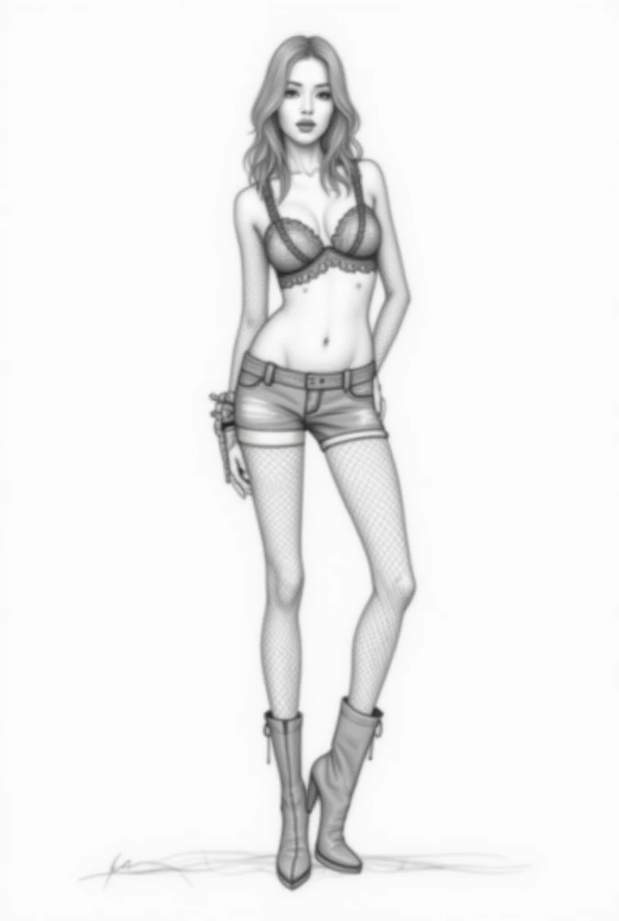 pencil sketch of a Girl with lingerie bra, fishnet stockings, short jeans, high heel boots in a style of fashion designer with no clear face or body details 